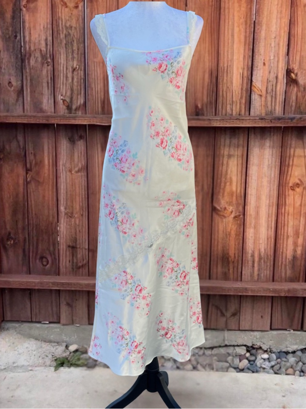PINK Victoria's Secret Cream Maxi Slip Dress with Pink Floral Print